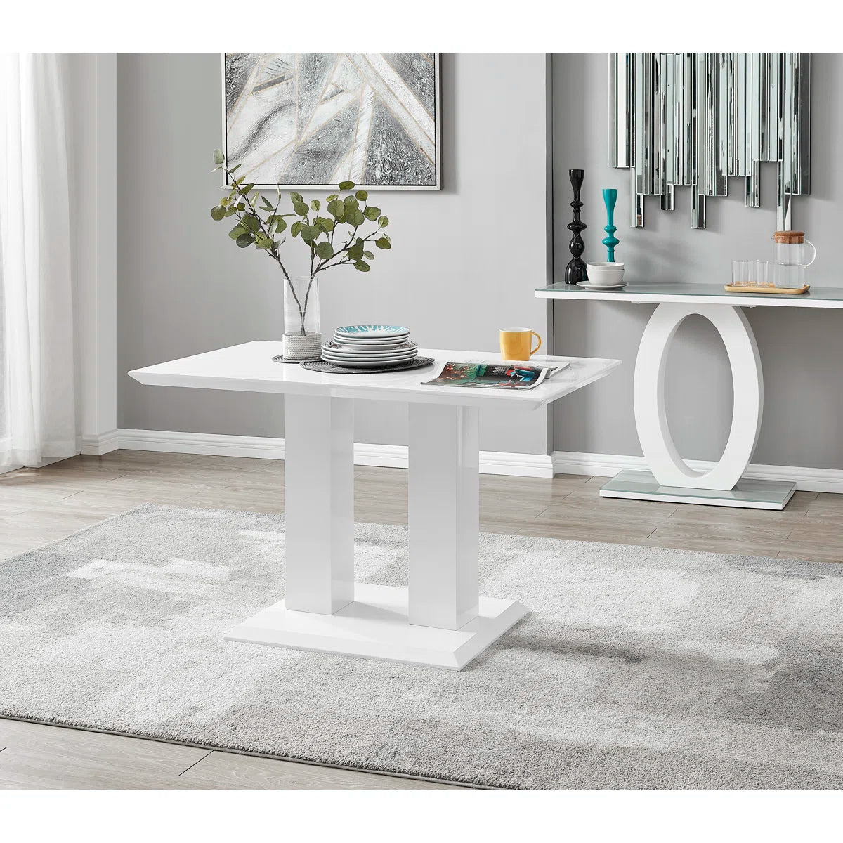 Eubanks High Gloss Double Pillar Rectagular Dining Table