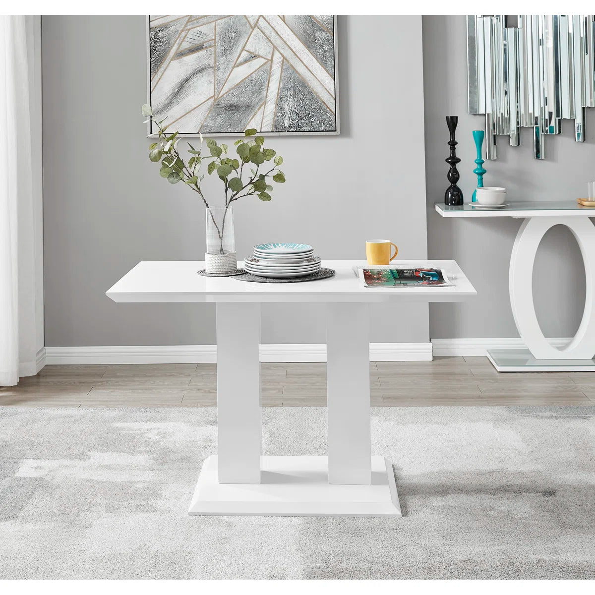 Eubanks High Gloss Double Pillar Rectagular Dining Table